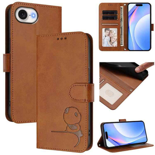 For iPhone 16e Litter Panda Embossing RFID Leather Phone Case with Lanyard(Brown)