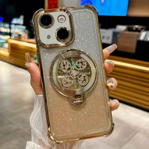 For iPhone 15 Gradient Glitter Spinning Top Holder Phone Case(Gold)