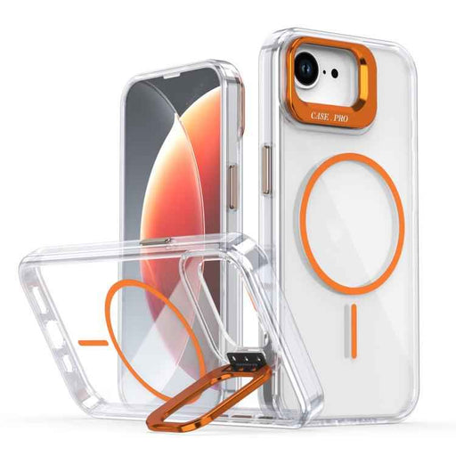 For iPhone 16e Bright Color Clear MagSafe Lens Frame Holder Phone Case(Orange)