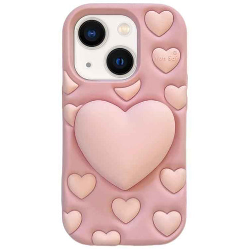 For iPhone 15 3D Heart Holder Silicone Phone Case(Pink)