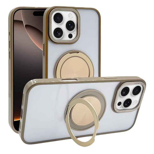 For iPhone 16 Pro Semi-Transparent 360 Rotation Holder MagSafe Phone Case(Desert Gold)