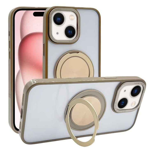 For iPhone 15 Semi-Transparent 360 Rotation Holder MagSafe Phone Case(Desert Gold)