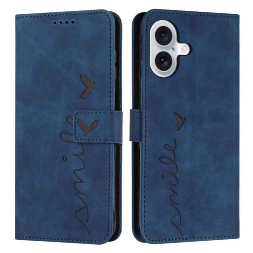 For iPhone 17 Skin Feel Heart Embossed Leather Phone Case with Long Lanyard(Blue)