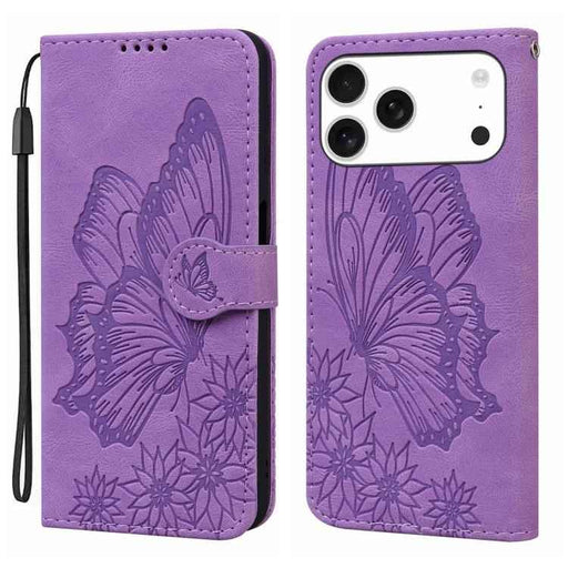 For iPhone 17 Pro Retro Skin Feel Butterflies Embossing Horizontal Flip Leather Phone Case(Purple)