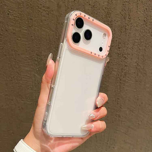 For iPhone 17 Pro Color Contrast Lens Frame Transparent TPU Phone Case(Transparent+Light Pink)