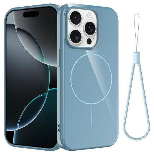 For iPhone 14 Pro Max Glossy TPU Shockproof MagSafe Phone Case with Lanyard(Blue) PhonoClean