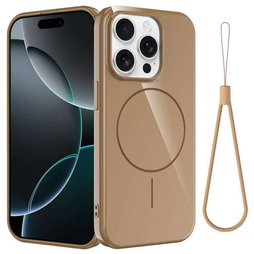 For iPhone 14 Pro Max Glossy TPU Shockproof MagSafe Phone Case with Lanyard(Gold) PhonoClean