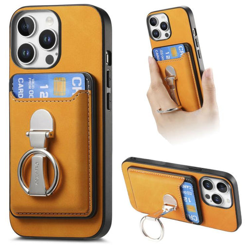 For iPhone 14 Pro Max Retro Folding Ring Holder Card Bag MagSafe Phone Case(Yellow) PhonoClean