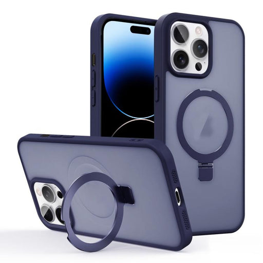 For iPhone 14 Pro Max Skin-feel Ring MagSafe Holder Phone Case(Dark Blue) PhonoClean