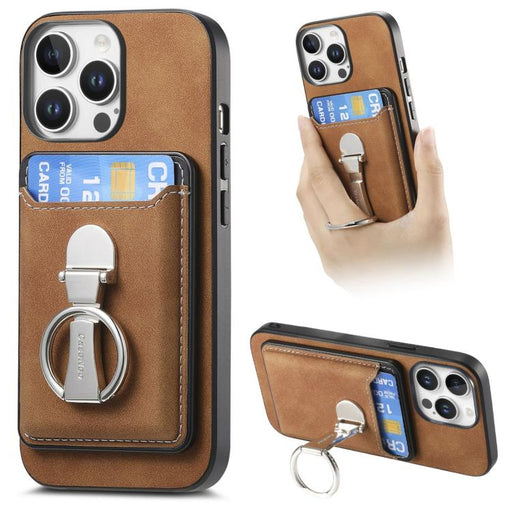 For iPhone 14 Pro Retro Folding Ring Holder Card Bag MagSafe Phone Case(Brown) PhonoClean