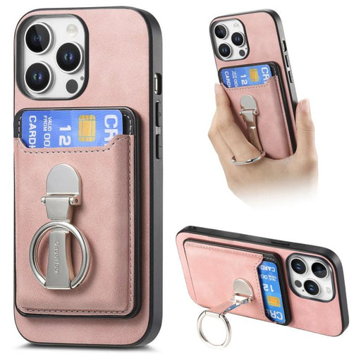 For iPhone 14 Pro Retro Folding Ring Holder Card Bag MagSafe Phone Case(Pink) PhonoClean