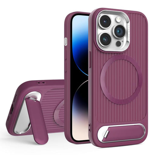 For iPhone 14 Pro Vertical Lines Invisible Flat Holder MagSafe Phone Case(Wine Red) PhonoClean