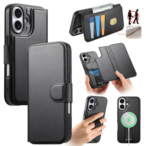 For iPhone 16 CaseNeo Finger Grip Strap MagSafe Leather Phone Case(Black) PhonoClean