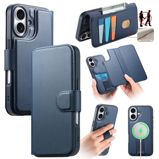 For iPhone 16 CaseNeo Finger Grip Strap MagSafe Leather Phone Case(Blue) PhonoClean
