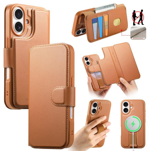 For iPhone 16 CaseNeo Finger Grip Strap MagSafe Leather Phone Case(Brown) PhonoClean