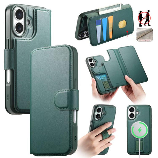 For iPhone 16 CaseNeo Finger Grip Strap MagSafe Leather Phone Case(Green) PhonoClean