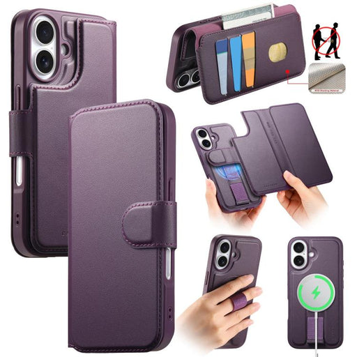For iPhone 16 CaseNeo Finger Grip Strap MagSafe Leather Phone Case(Purple) PhonoClean