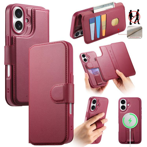 For iPhone 16 CaseNeo Finger Grip Strap MagSafe Leather Phone Case(Red) PhonoClean