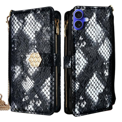 For iPhone 16 Crossbody Handle Snake Texture Leather Phone Case(Black) PhonoClean