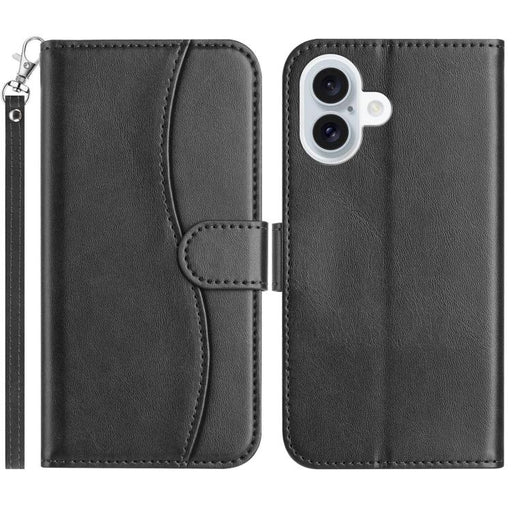 For iPhone 16 Dual-Folded S-shape Leather Phone Case(Black) PhonoClean
