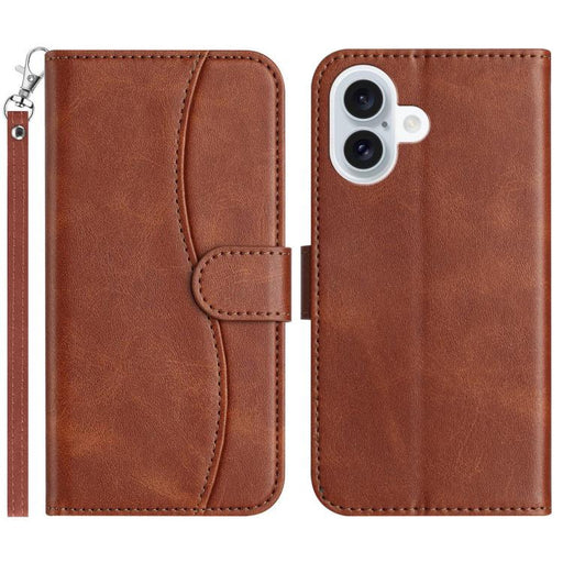 For iPhone 16 Dual-Folded S-shape Leather Phone Case(Coffee) PhonoClean