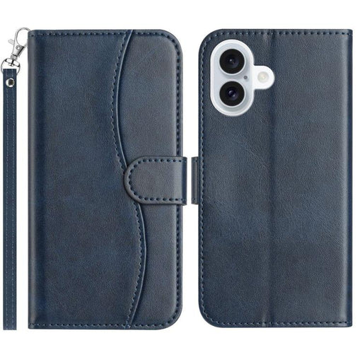 For iPhone 16 Dual-Folded S-shape Leather Phone Case(Navy Blue) PhonoClean