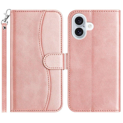 For iPhone 16 Dual-Folded S-shape Leather Phone Case(Rose Gold) PhonoClean