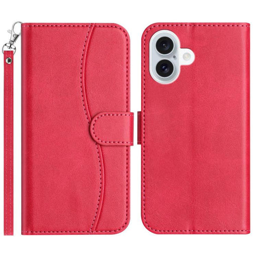 For iPhone 16 Dual-Folded S-shape Leather Phone Case(Rose Red) PhonoClean