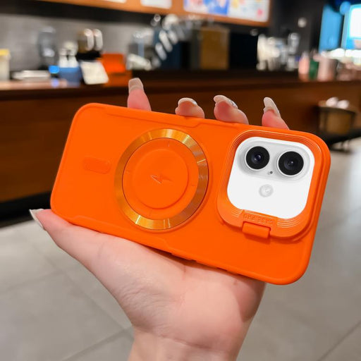 For iPhone 16 Lens Frame Holder Blade MagSafe Phone Case(Orange) PhonoClean