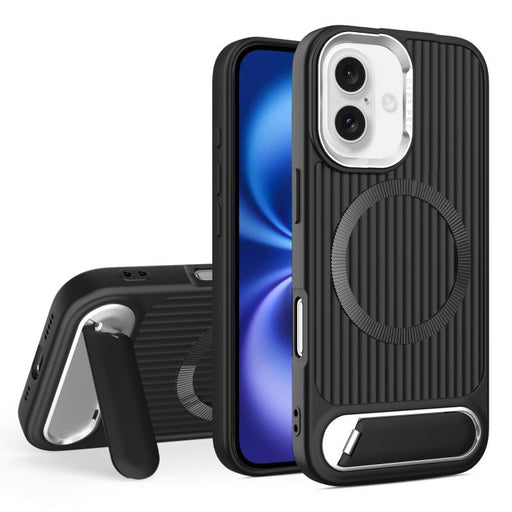 For iPhone 16 Vertical Lines Invisible Flat Holder MagSafe Phone Case(Black) PhonoClean