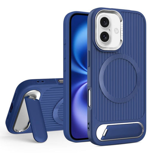 For iPhone 16 Vertical Lines Invisible Flat Holder MagSafe Phone Case(Blue) PhonoClean