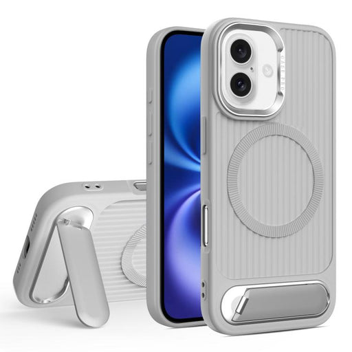 For iPhone 16 Vertical Lines Invisible Flat Holder MagSafe Phone Case(Grey) PhonoClean