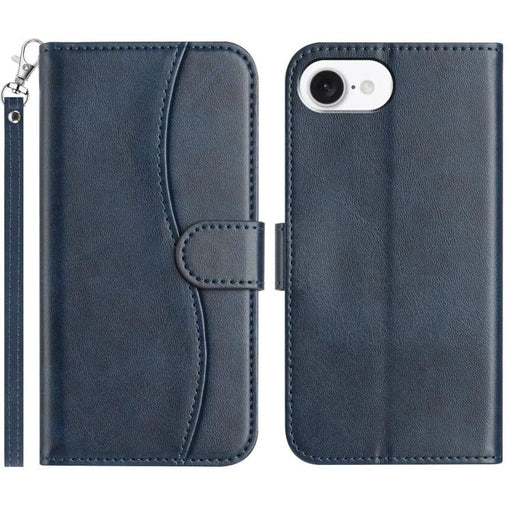 For iPhone 16e Dual-Folded S-shape Leather Phone Case(Navy Blue) PhonoClean