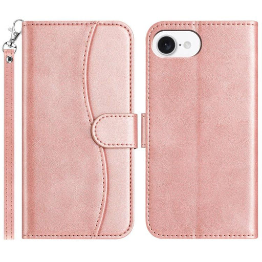 For iPhone 16e Dual-Folded S-shape Leather Phone Case(Rose Gold) PhonoClean