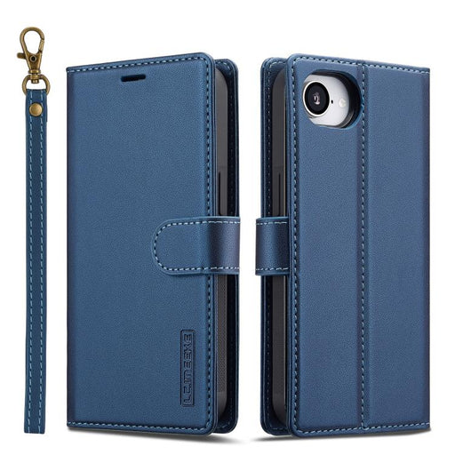 For iPhone 16e LC.IMEEKE L2 Series Detachable Magsafe PU Phone Case with Lanyard(Blue) PhonoClean