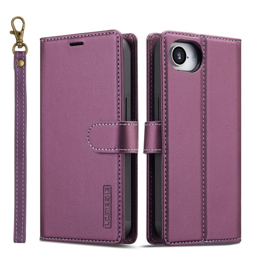 For iPhone 16e LC.IMEEKE L2 Series Detachable Magsafe PU Phone Case with Lanyard(Purple) PhonoClean
