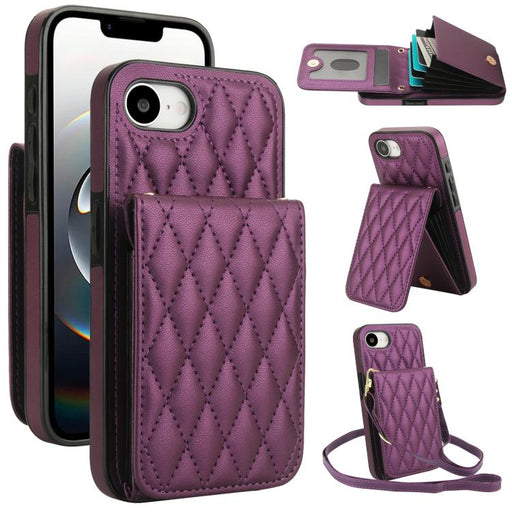 For iPhone 16e YM015 Crossbody Rhombic Card Bag RFID Phone Case(Dark Purple) PhonoClean