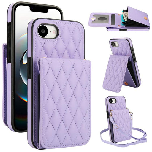 For iPhone 16e YM015 Crossbody Rhombic Card Bag RFID Phone Case(Light Purple) PhonoClean