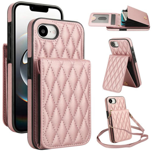For iPhone 16e YM015 Crossbody Rhombic Card Bag RFID Phone Case(Rose Gold) PhonoClean