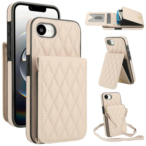 For iPhone 16e YM015 Crossbody Rhombic Card Bag RFID Phone Case(White) PhonoClean