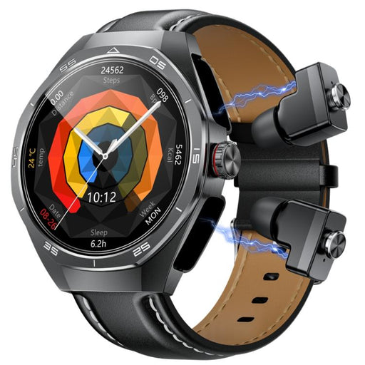 GT97 1.53 inch Round Screen 2 in 1 Bluetooth Earphone Leather Strap Smart Watch Supports Bluetooth Calls(Black) PhonoClean
