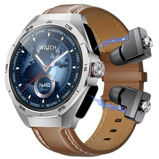 GT97 1.53 inch Round Screen 2 in 1 Bluetooth Earphone Leather Strap Smart Watch Supports Bluetooth Calls(Silver) PhonoClean