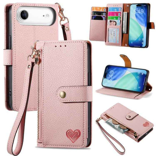 For iPhone Air Love Zipper Lanyard Leather Phone Case(Pink)