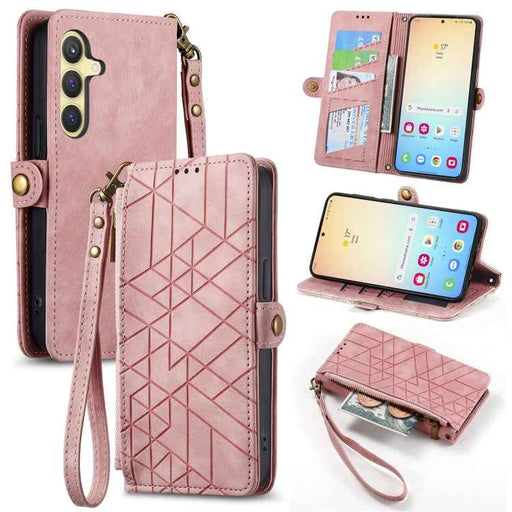 For Samsung Galaxy S24+ 5G Geometric Zipper Wallet Side Buckle Leather Phone Case(Pink)