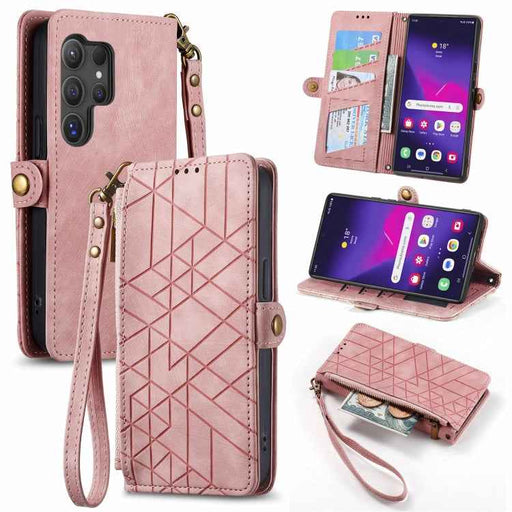 For Samsung Galaxy S24 Ultra 5G Geometric Zipper Wallet Side Buckle Leather Phone Case(Pink)
