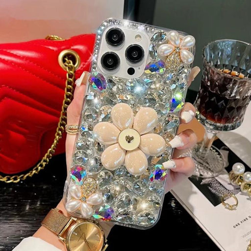 For iPhone 16 Pro Max Sunflower Holder Hand-set Diamond PC Phone Case(White) - BaskiFit