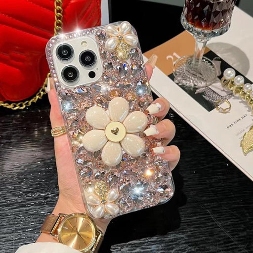 For iPhone 16 Pro Max Sunflower Holder Hand-set Diamond PC Phone Case(Pink) - BaskiFit
