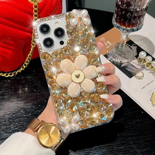 For iPhone 16 Pro Max Sunflower Holder Hand-set Diamond PC Phone Case(Gold) - BaskiFit