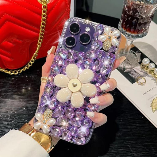 For iPhone 16 Pro Max Sunflower Holder Hand-set Diamond PC Phone Case(Purple) - BaskiFit