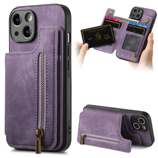 For iPhone 13 Retro Leather Zipper Wallet Back Phone Case(Purple) - BaskiFit